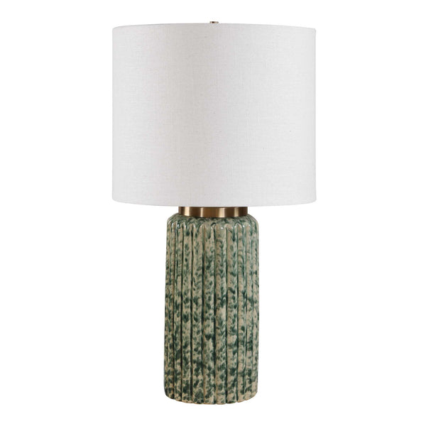 Uttermost Fluted Ceramic Table Lamp Ivory Moss Green Antique Brass Drum Shade