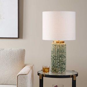 Uttermost Fluted Ceramic Table Lamp Ivory Moss Green Antique Brass Drum Shade