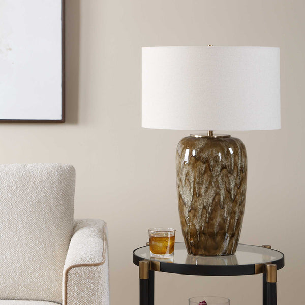 Uttermost Torrence Drip Glaze Ceramic Lamp with Linen Shade and Brass Accents