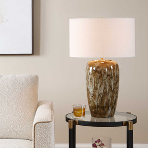 Uttermost Torrence Drip Glaze Ceramic Lamp with Linen Shade and Brass Accents