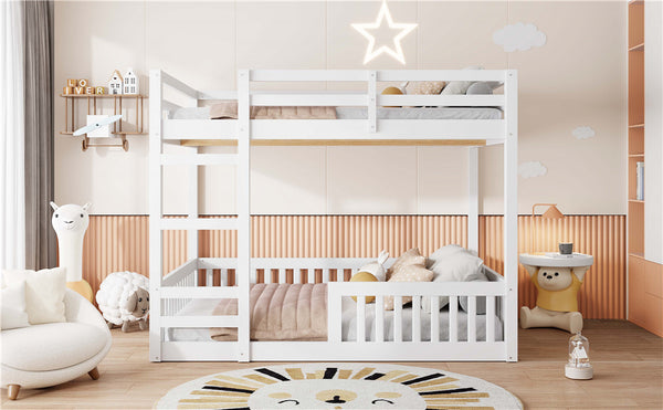 English Elm Full Full over Full Wood Bunk Bed with Ladder & Guardrails, Space-Saving Pine Frame for Kids Rooms White N7090002223K