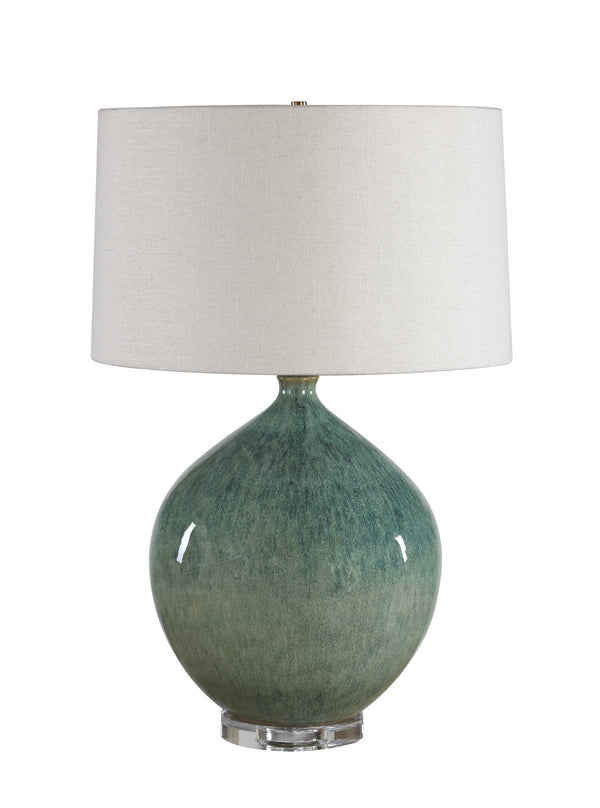 Uttermost Callista Ceramic Table Lamp with Teal Glaze Linen Shade and Brass Accents