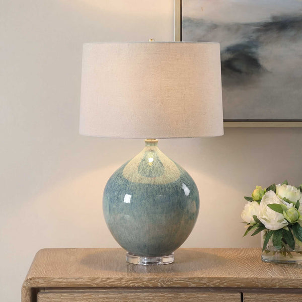 Uttermost Callista Ceramic Table Lamp with Teal Glaze Linen Shade and Brass Accents