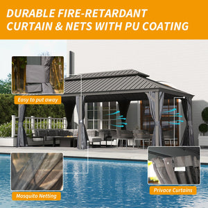 English Elm 14' X 22' Hardtop Gazebo with Drainage System, Dual-Layer Galvanized Roof, Curtains & Mesh Protection Grey W1859S00153