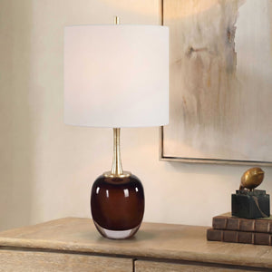 Uttermost Vannett Amber Art Glass Table Lamp with Antique Brass Linen Drum Shade