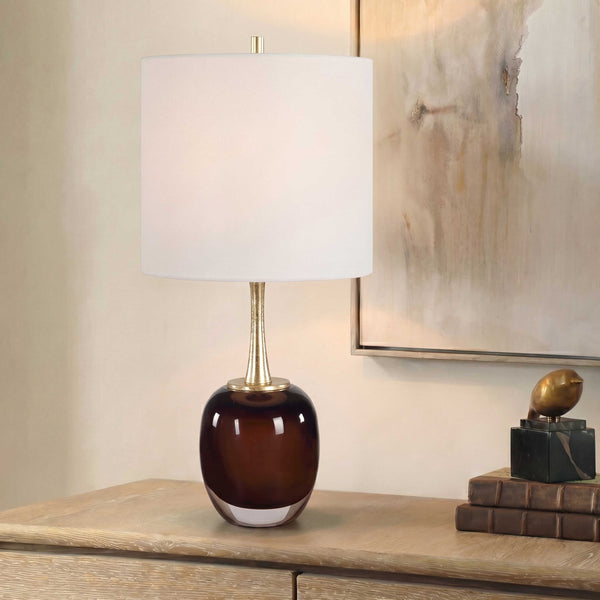 Uttermost Vannett Amber Art Glass Table Lamp with Antique Brass Linen Drum Shade