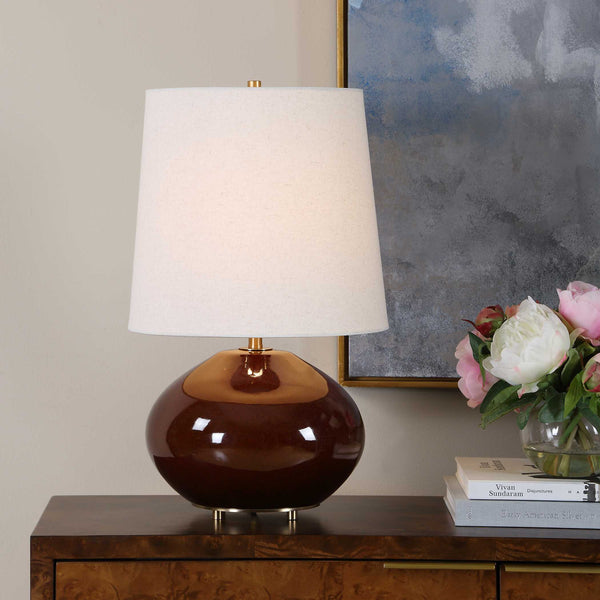 Uttermost Sculptural Ruby Glazed Ceramic Table Lamp with Antique Brass Linen Shade
