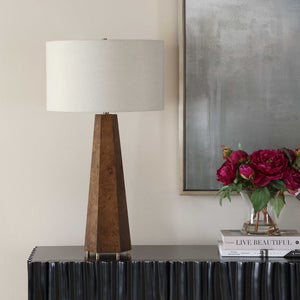 Uttermost Mccaffrey Burl Wood Table Lamp with Antique Brass Accents and Linen Shade