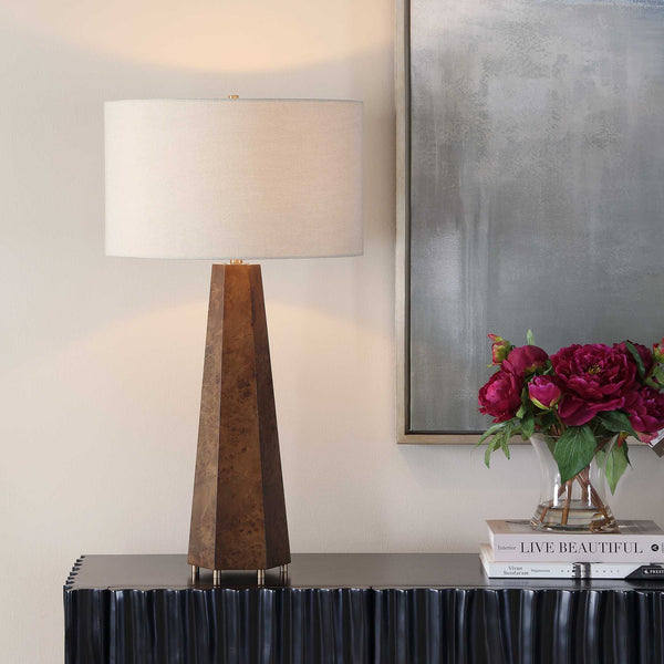 Uttermost Mccaffrey Burl Wood Table Lamp with Antique Brass Accents and Linen Shade