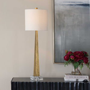 Uttermost Antique Brass Iron Buffet Lamp with Linen Drum Shade for Console Tables