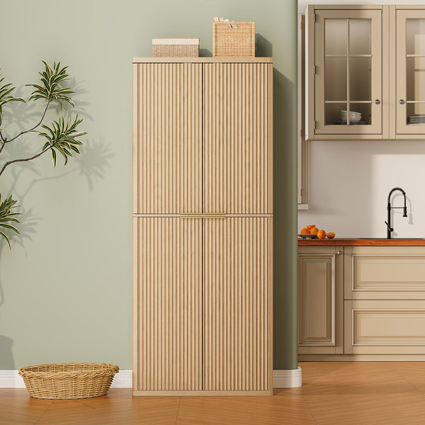 English Elm 72" Fluted Pantry Cabinet Tall Freestanding Kitchen Organizer with Sculpted Wood Doors Oak W1820P379274