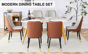 English Elm Table Set: Modern Minimalist Dining Table With Imitation Marble Top & 6 Pu Chairs For Stylish Comfort W1151S01679-GIGA