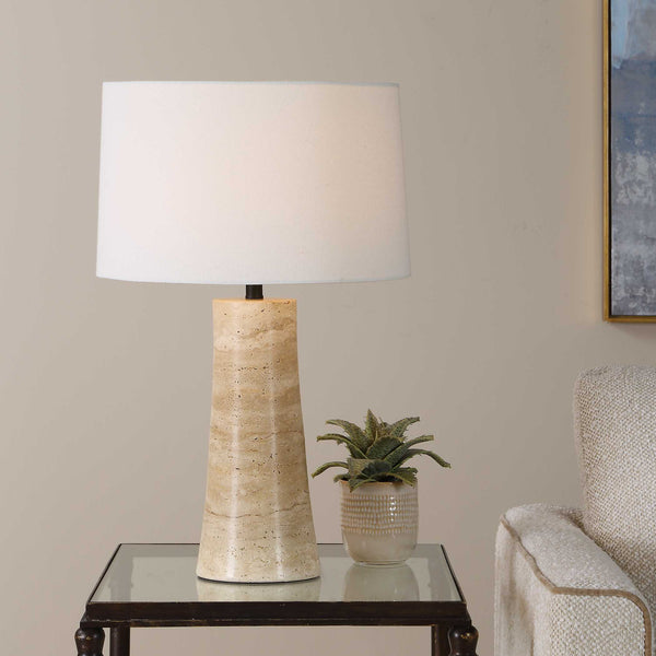 Uttermost Delmani Travertine Base Linen Shade Lamp for Patios and Living Rooms