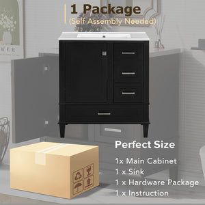 English Elm 30" Modern Bathroom Vanity with Solid Wood Frame, 3 Soft-Close Drawers and Ceramic Sink, Sleek Design Black N729P170557B
