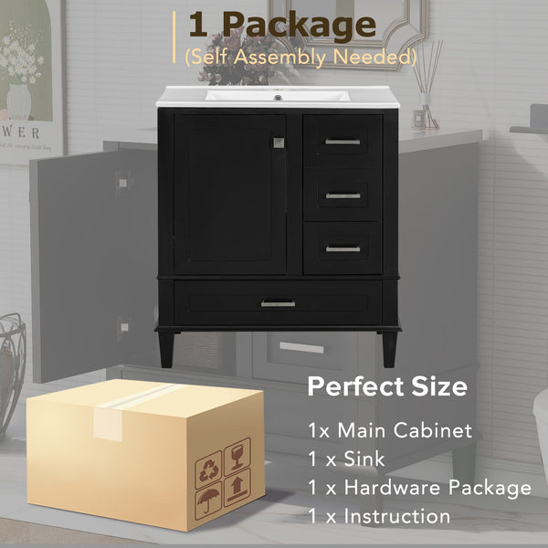 English Elm 30" Modern Bathroom Vanity with Solid Wood Frame, 3 Soft-Close Drawers and Ceramic Sink, Sleek Design Black N729P170557B