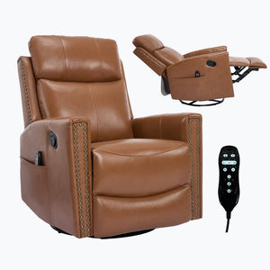English Elm Deep Ochre Genuine Leather Swivel Rocker Recliner with Massage Heat for Living Room W1803P323711