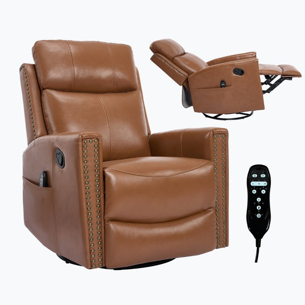 English Elm Deep Ochre Genuine Leather Swivel Rocker Recliner with Massage Heat for Living Room W1803P323711