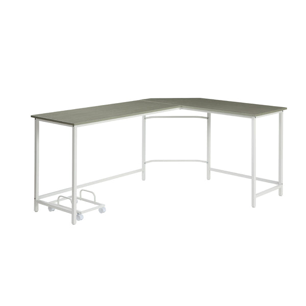 English Elm L-Shape Industrial Corner Computer Desk with Rolling Tower Holder, Metal Base, Gray Wood & White Trim B016P311317