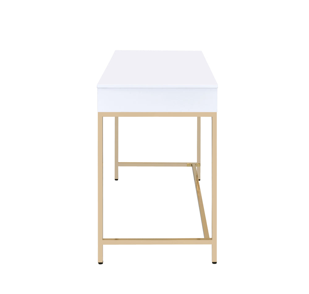 English Elm Ottey High-Gloss White Writing Desk with Gold Metal Base, 2 Drawers, Crystal Knob, Modern Luxe Office B2726P256256