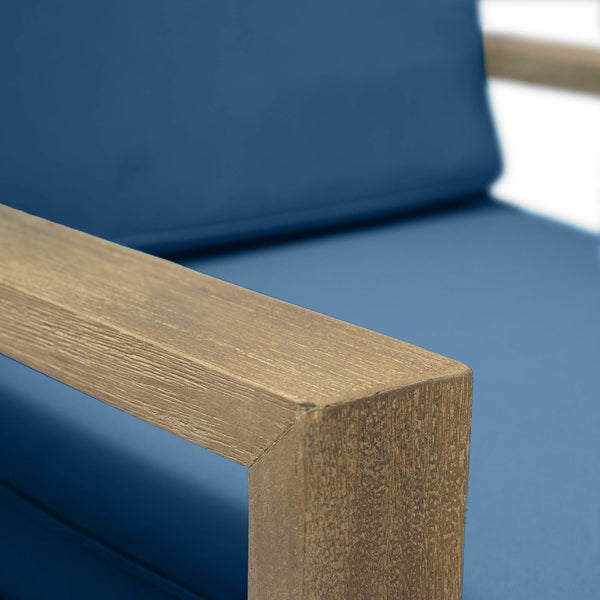 English Elm Christopher Knight Home® - SANTA Club Chair with Wire-Brushed Wood Finish and Water-Resistant Cushions, Slat Panel Design Brown+Blue 63663.00BRNF-L_TS-D