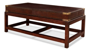 Sarreid Winchester Coffee Table - Elegant Antique Brown Leather & Wood Design For Stylish Living Rooms Brown  30842