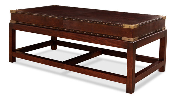 Sarreid Winchester Coffee Table - Elegant Antique Brown Leather & Wood Design For Stylish Living Rooms Brown  30842
