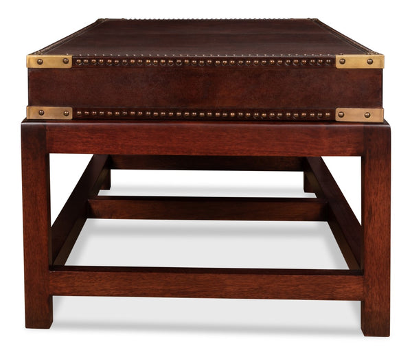 Sarreid Winchester Coffee Table - Elegant Antique Brown Leather & Wood Design For Stylish Living Rooms Brown  30842