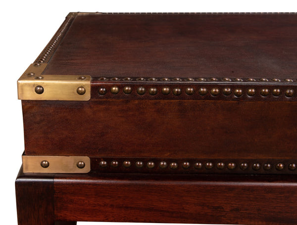 Sarreid Winchester Coffee Table - Elegant Antique Brown Leather & Wood Design For Stylish Living Rooms Brown  30842