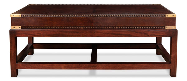 Sarreid Winchester Coffee Table - Elegant Antique Brown Leather & Wood Design For Stylish Living Rooms Brown  30842