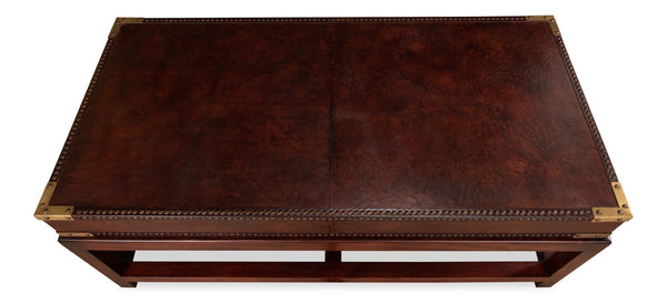 Sarreid Winchester Coffee Table - Elegant Antique Brown Leather & Wood Design For Stylish Living Rooms Brown  30842