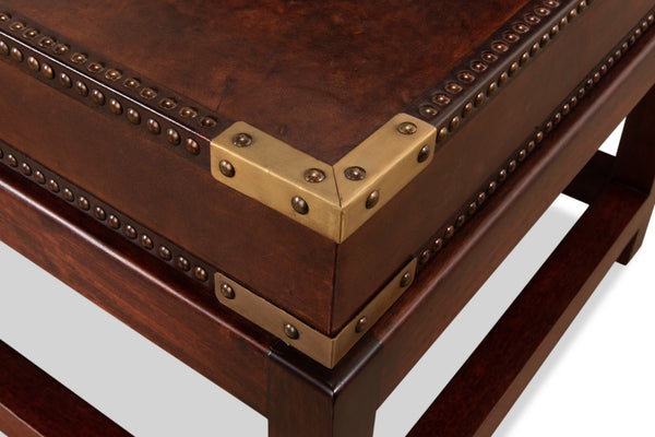 Sarreid Winchester Coffee Table - Elegant Antique Brown Leather & Wood Design For Stylish Living Rooms Brown  30842