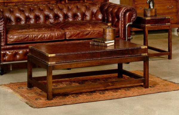 Sarreid Winchester Coffee Table - Elegant Antique Brown Leather & Wood Design For Stylish Living Rooms Brown  30842