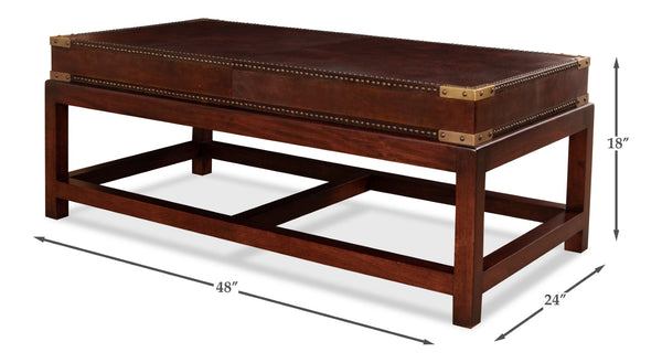 Sarreid Winchester Coffee Table - Elegant Antique Brown Leather & Wood Design For Stylish Living Rooms Brown  30842