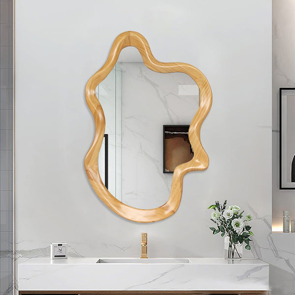 English Elm 33.46" Irregular Wall Mirror with Natural Wood Frame — Organic Flowing Shape, Clear Reflection, Easy Mounting W2295P365037