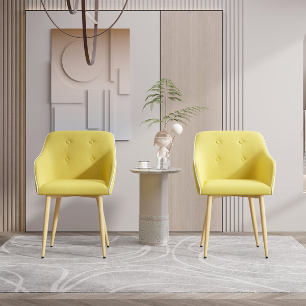 English Elm Dining Chairs Set of 2 Mid-Century Modern Upholstered Linen Side Chairs with Thick Foam Cushions, Wooden Legs and Armrests for Dining Room Comfort Yellow T3950P405212