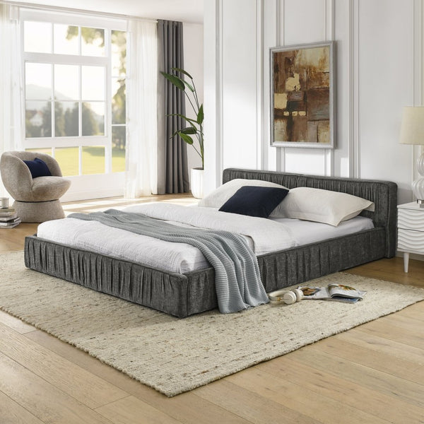 English Elm Queen Upholstered Bed Frame In Soft Grey Chenille With Pleated Design – No Box Spring Needed! W487S00337-GIGA