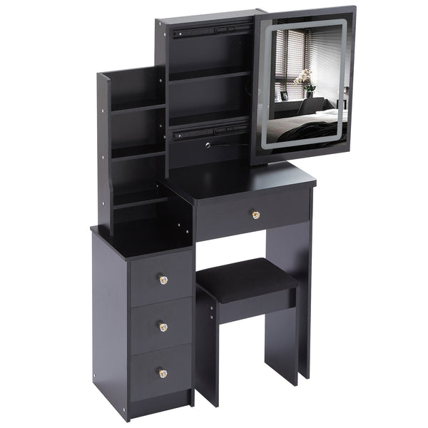 English Elm 29.2" Compact Vanity Set With Led Mirror, Cushioned Stool & Ample Storage For Small Spaces W936P202365