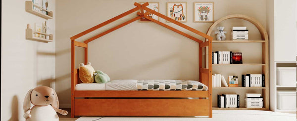 English Elm Twin House Bed with Pull Out Trundle Solid Pine Wood Frame Walnut Kids Room N708P309238L