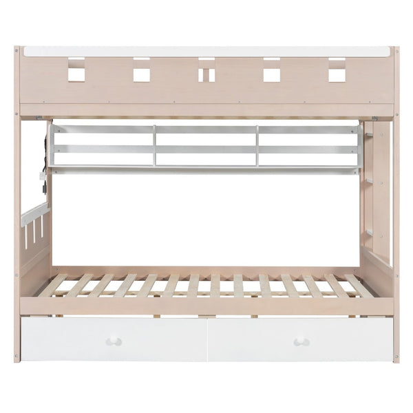 English Elm Full Size Castle Bunk Bed with Led Lighting Built in Shelf and Storage Drawers White LT000159AAK
