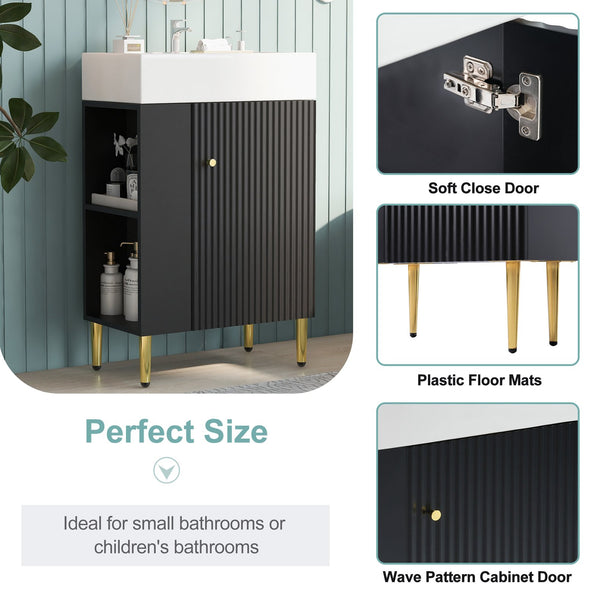 English Elm 21.6" Black Bathroom Vanity with Ceramic Sink, Left Side Storage, Gold Legs, Soft-Close Hinges and Triple-Coat Finish SV000007AAB