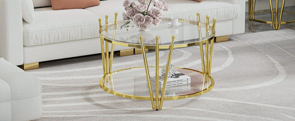 English Elm 31.5inch Modern Luxury Gold Coffee Table with Two-Tier Storage, Tempered Glass Top, Elegant Crown Design Clear W1550P171448
