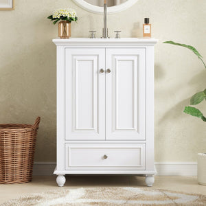 English Elm 24'' French Style Bathroom Vanity with Ceramic Sink Soft Close Cabinet and Drawer White N710P411227K