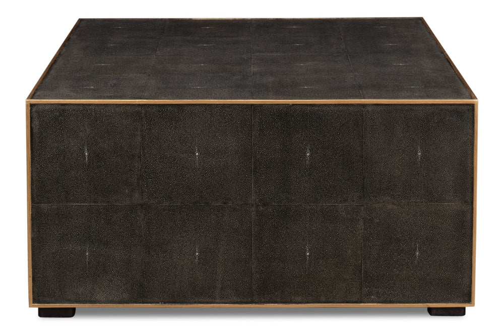 Sarreid Midnight Coffee Table - Elegant Antique Gray Wood With Luxurious Gold Leather Trim For Modern Homes Grey  30877
