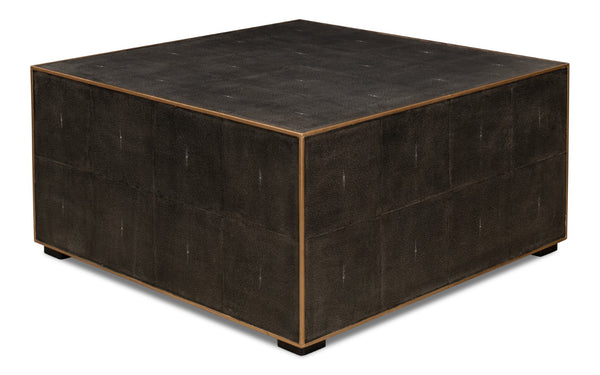 Sarreid Midnight Coffee Table - Elegant Antique Gray Wood With Luxurious Gold Leather Trim For Modern Homes Grey  30877