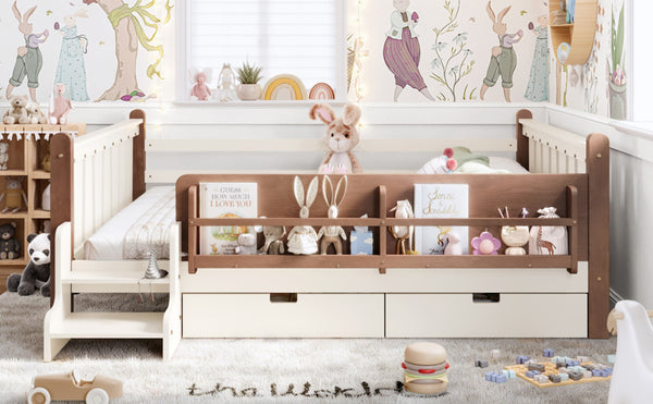English Elm Queen Bunk Bed with Trundle Solid Pine Kids Car Themed Frame Built-in Bookshelf Beige W1580S00542