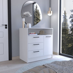 English Elm Omaha Dresser with 3 Spacious Drawers and Single Cabinet Storage, Sleek Pulls, Durable Wood Finish White 38 L x 25 W x 4 H B070S00227