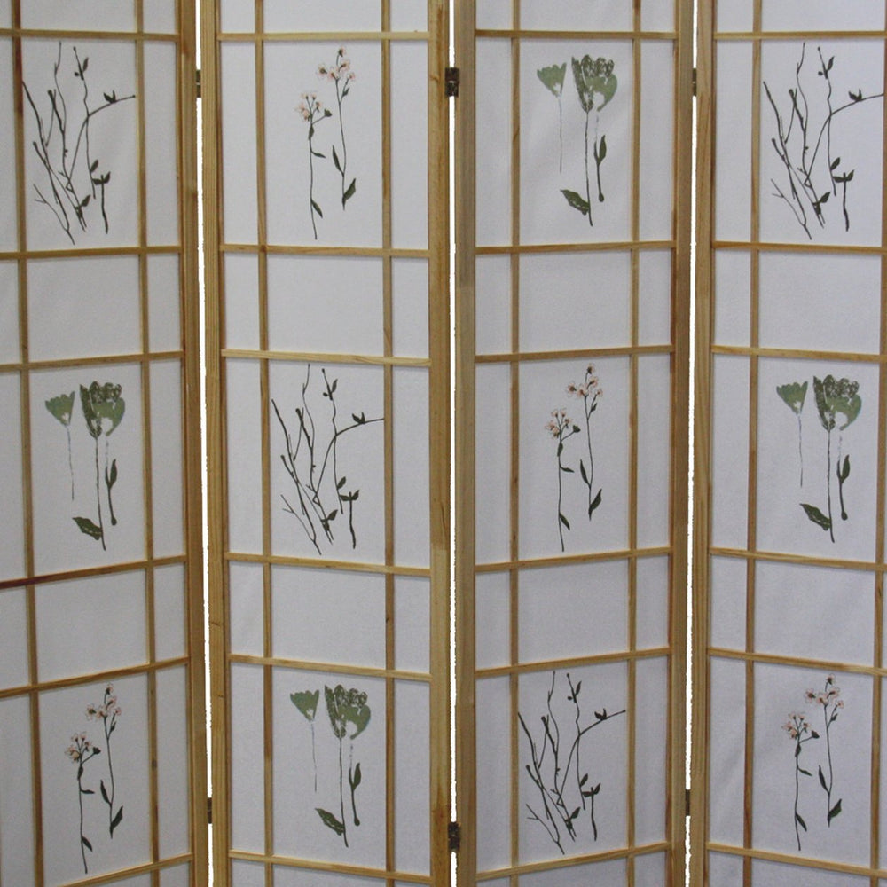 English Elm 70" Tall 4-Panel Shoji Room Divider – Elegant Natural Wood Folding Screen With Floral Design Accent B072115967