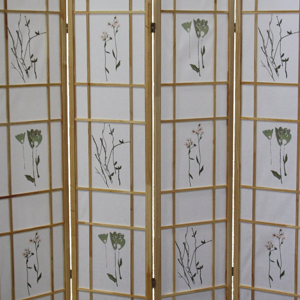 English Elm 70" Tall 4-Panel Shoji Room Divider – Elegant Natural Wood Folding Screen With Floral Design Accent B072115967