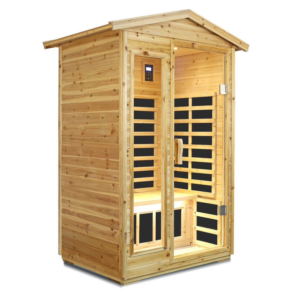 English Elm Two Person Far Infrared Outdoor Sauna Fir Wood Cabin with Bluetooth and Lcd Control W632S00031