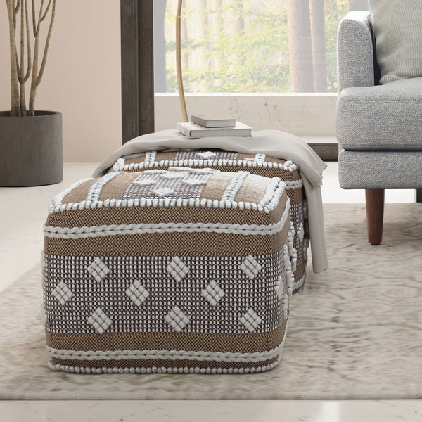 English Elm Mapleton Eco-Friendly Outdoor/Indoor Pouf – Beige Gray White PET Woven, Water & UV Resistant Ottoman (18") B136P252631
